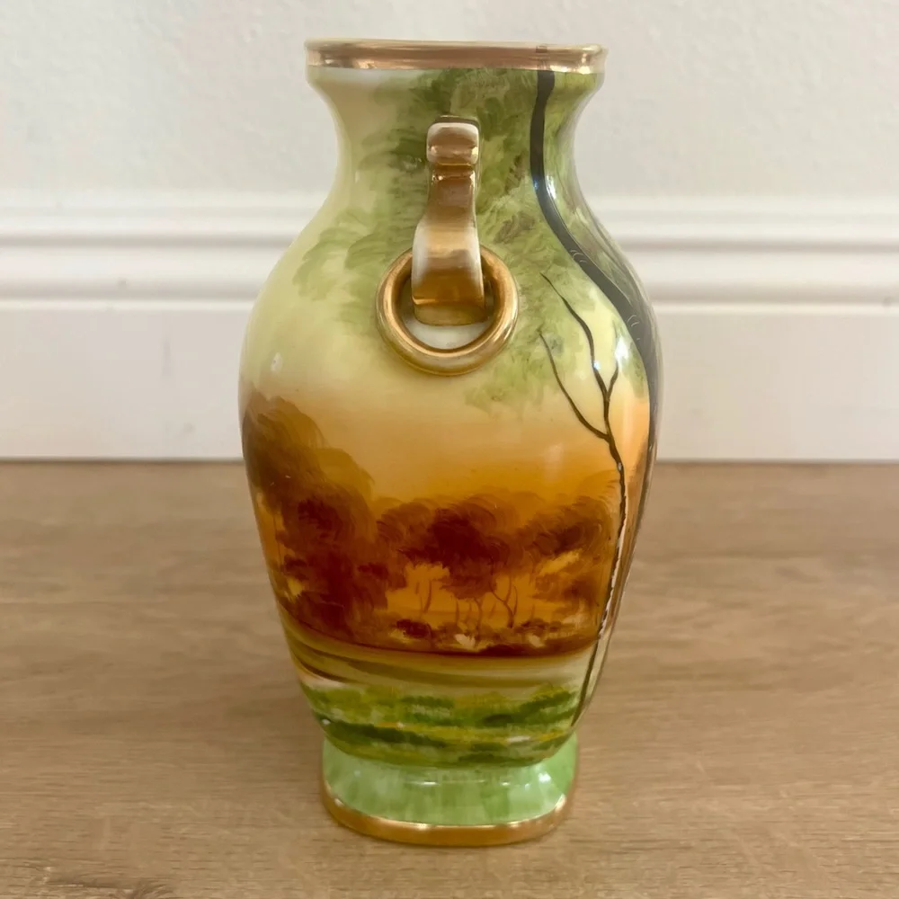 ANTIQUE 19th‎ C. NIPPON Morimura HAND PAINTED DRAGON HANDLES LANDSCAPE VASE 8”